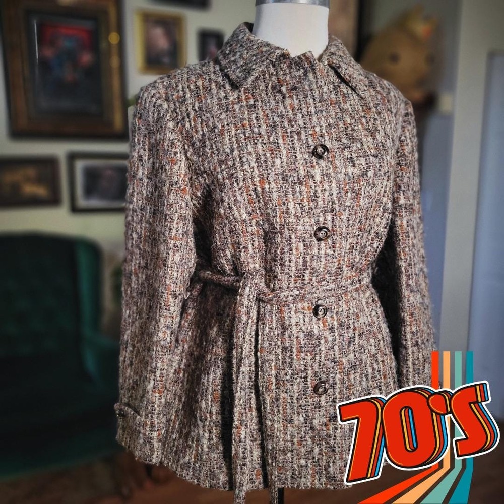 Goldix Modell Tweed Jacket Vintage 70s Brown Wool Blend Belted Boho Coat Large